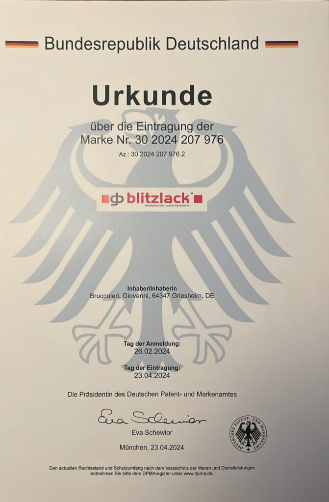 Markenanmeldung - gb blitzlack - Fachbetrieb - Lack und Karosserie für alle Fahrzeuge in Darmstadt, Weiterstadt und Umgebung