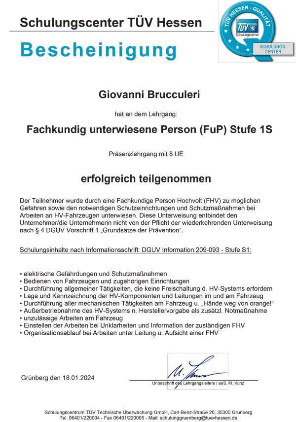 Bescheinigung #1 - Giovanni Brucculeri - Fachkundig unterwiesene Person (FuP) Stufe 1S - TÜV-Hessen Qualität - Siegel - gb Blitzlack GmbH in Darmstadt